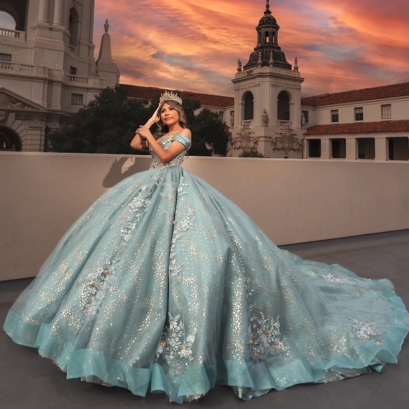 Aqua Blue Shiny Princess Ball Gown Charming Quinceanera Dresses Classic Applique Lace Beads Tull Sweet 16 Dress Vestidos De 15 Anos