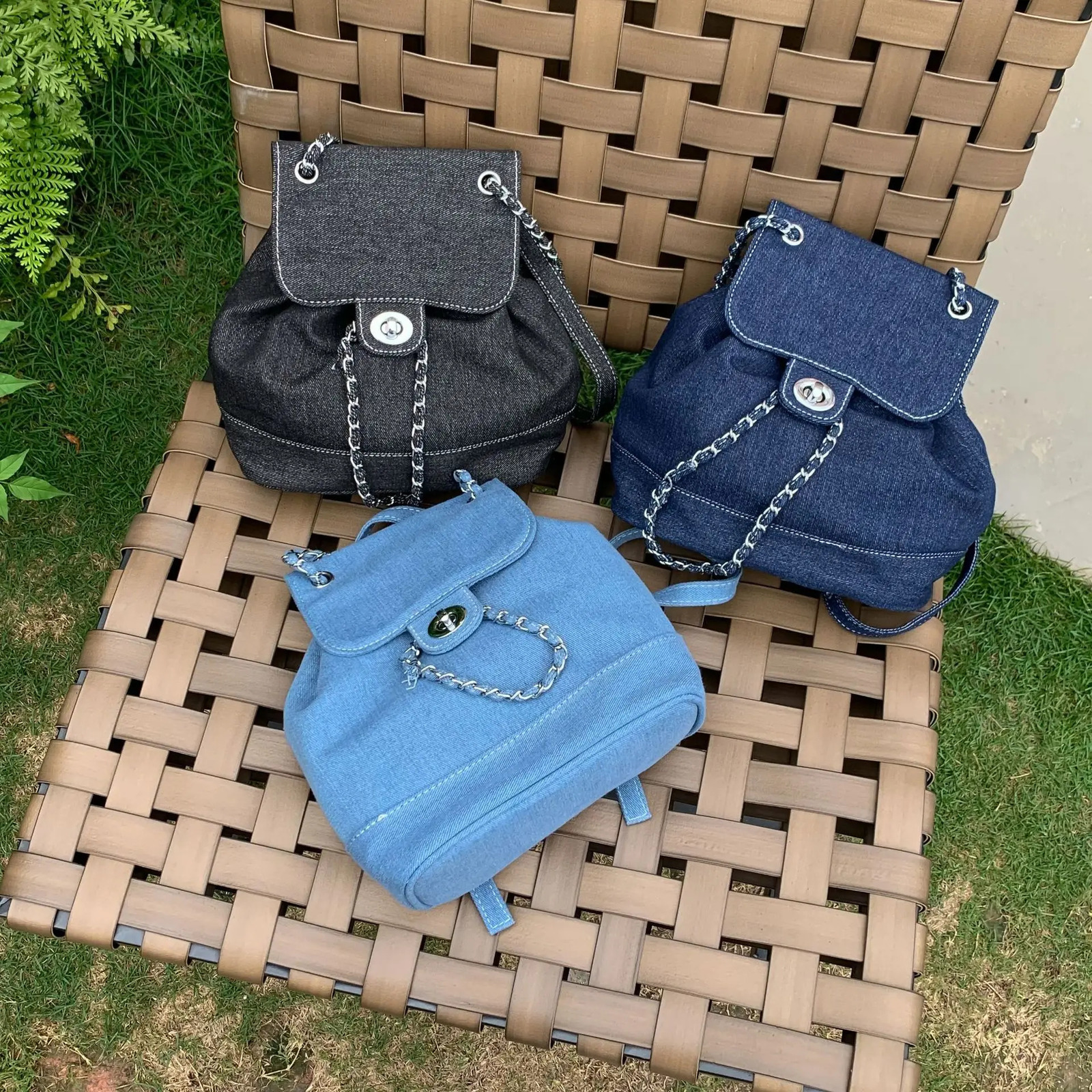 Womens Korean denim casual chain travel backpack 240927 200c