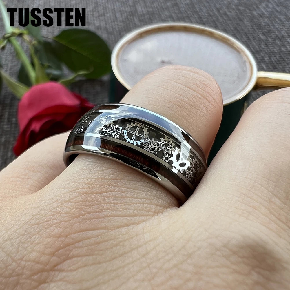 Drop TUSSTEN 10MM Men Women Gear Ring Cool Tungsten Wedding Band Domed Finish With Wood Inlay Comfort Fit 240927