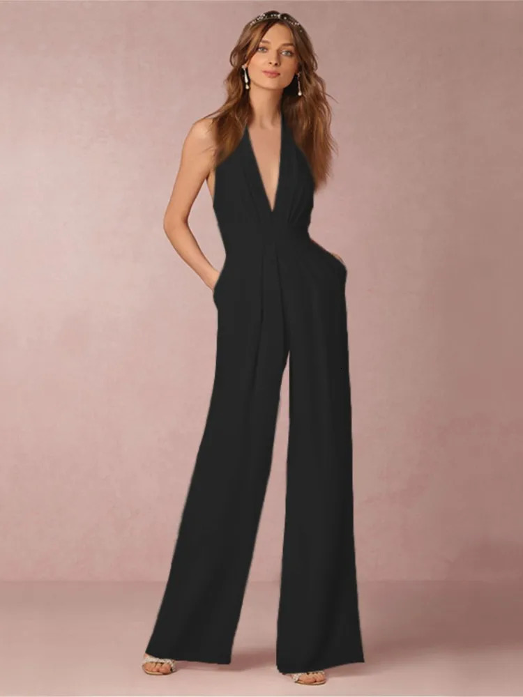 Fashion Jumpsuits For Women Sexy Deep V-neck Sleeveless Halter Neck Backless High Waist Wide Leg Jumpsuit Elegant Party Woman 240927
