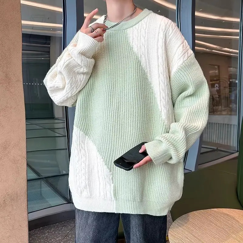 Mens spliced checkered plain weave long sleeved round neck sweater with jumper knit top 240930