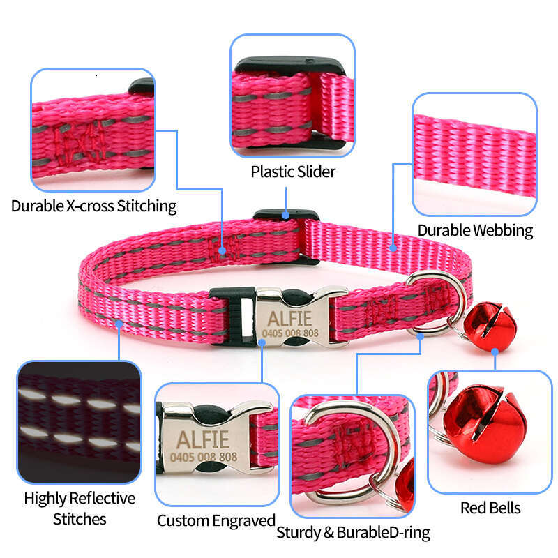 Customized Personalized Reflective Nylon Cat Breakaway With Bell Collar for Dogs and cats