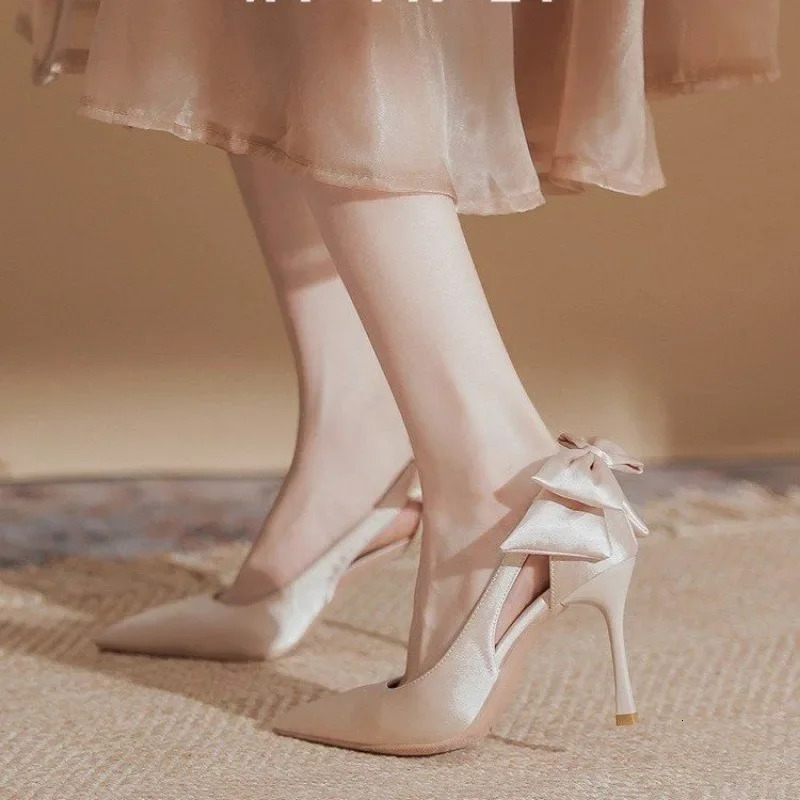 Champagne high heels womens slim high heels silk wedding shoes shallow mouth hollow dot single shoes 250226