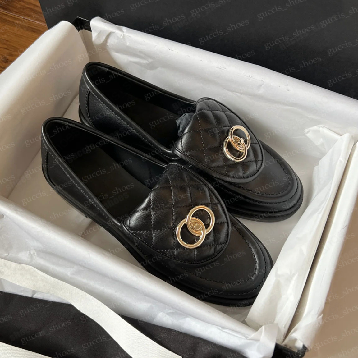 Designer dress shoes loafers Women thick soled quilted leather cover mule patent casual shoes metal buckle black flat shoes mule ox jin soft leather shoes Oxford