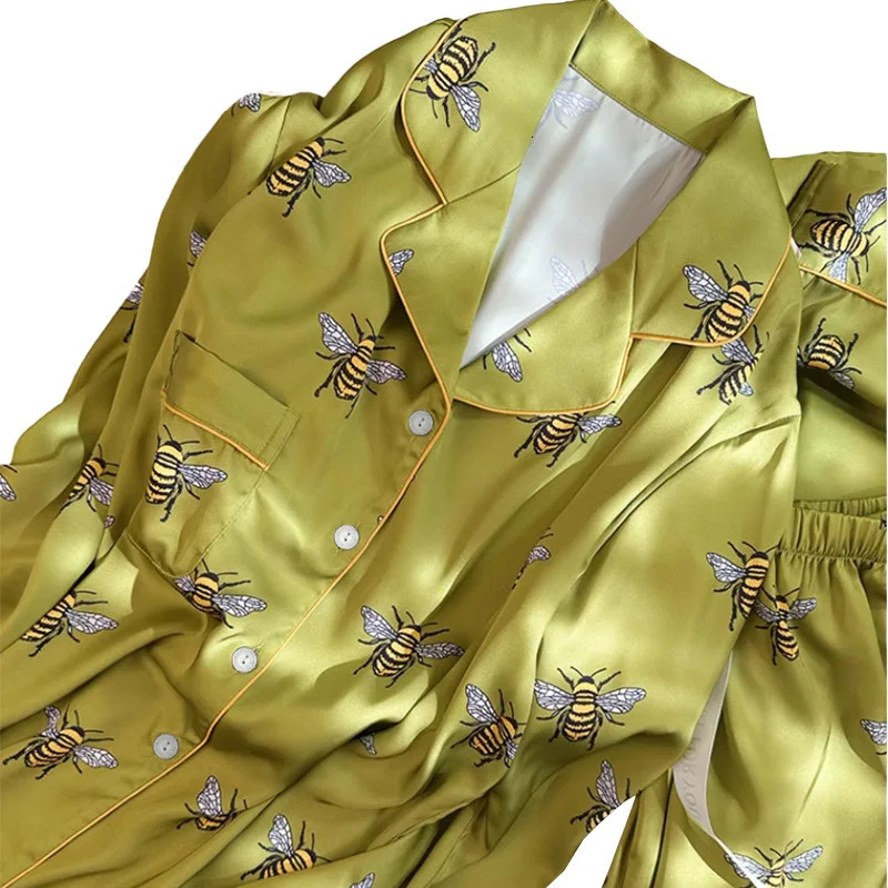 Womens Pajama Set Spring Autumn 2 Piece Bee Print Pyjama Pocket Faux Silk Satin Sleepwear Long Sleeve Pijama Mujer Pjs Homewear 240930