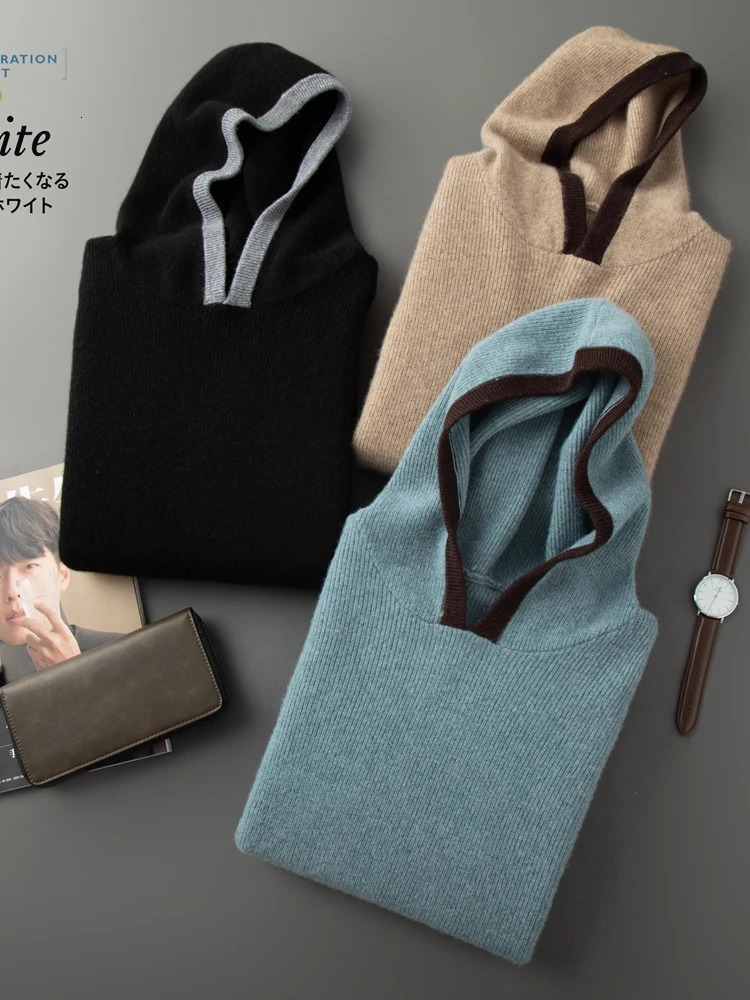 High quality autumn mens hooded cashmere sweater with long sleeves casual and loose drawstring 100% cashmere knitted Korean style top 240930