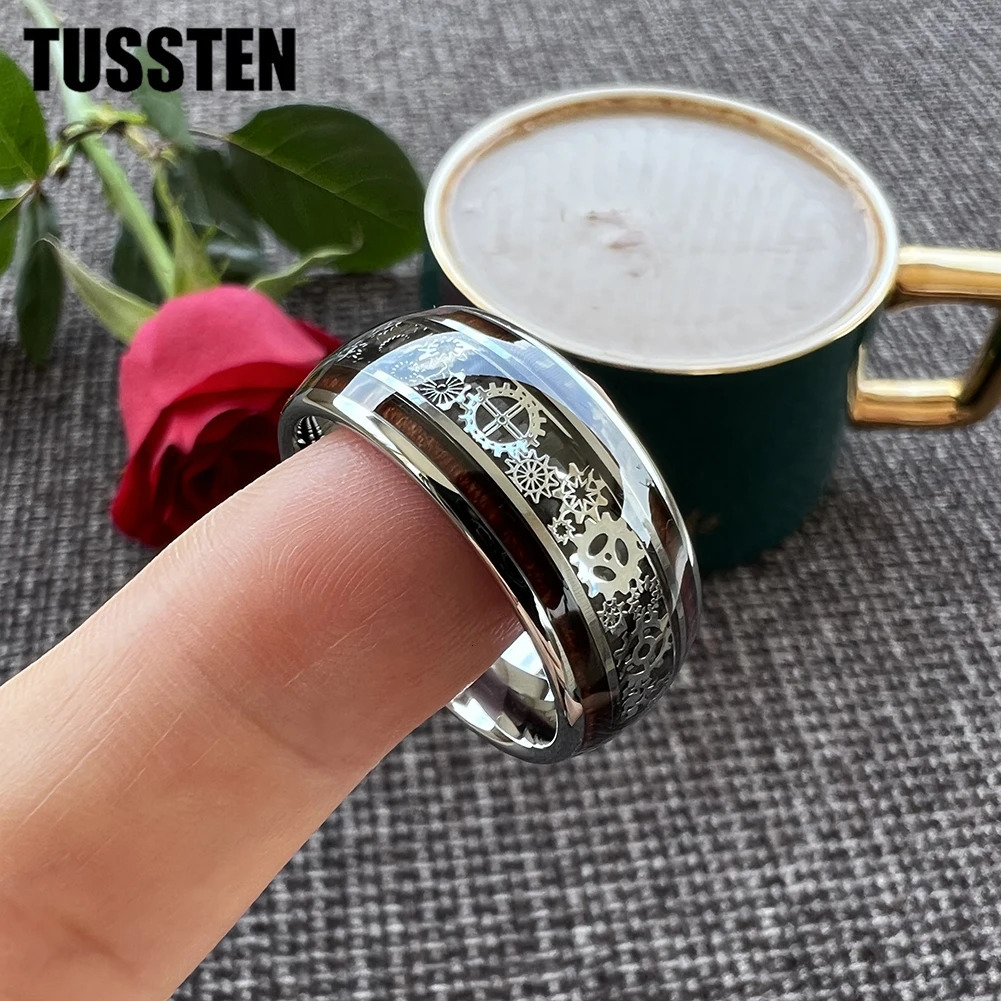 Drop TUSSTEN 10MM Men Women Gear Ring Cool Tungsten Wedding Band Domed Finish With Wood Inlay Comfort Fit 240927