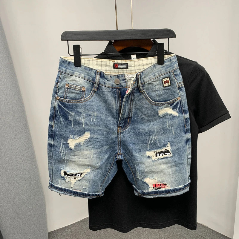 Cracked straight mens denim shorts graphic multicolor sales Korean fashion original trend y cut 240925