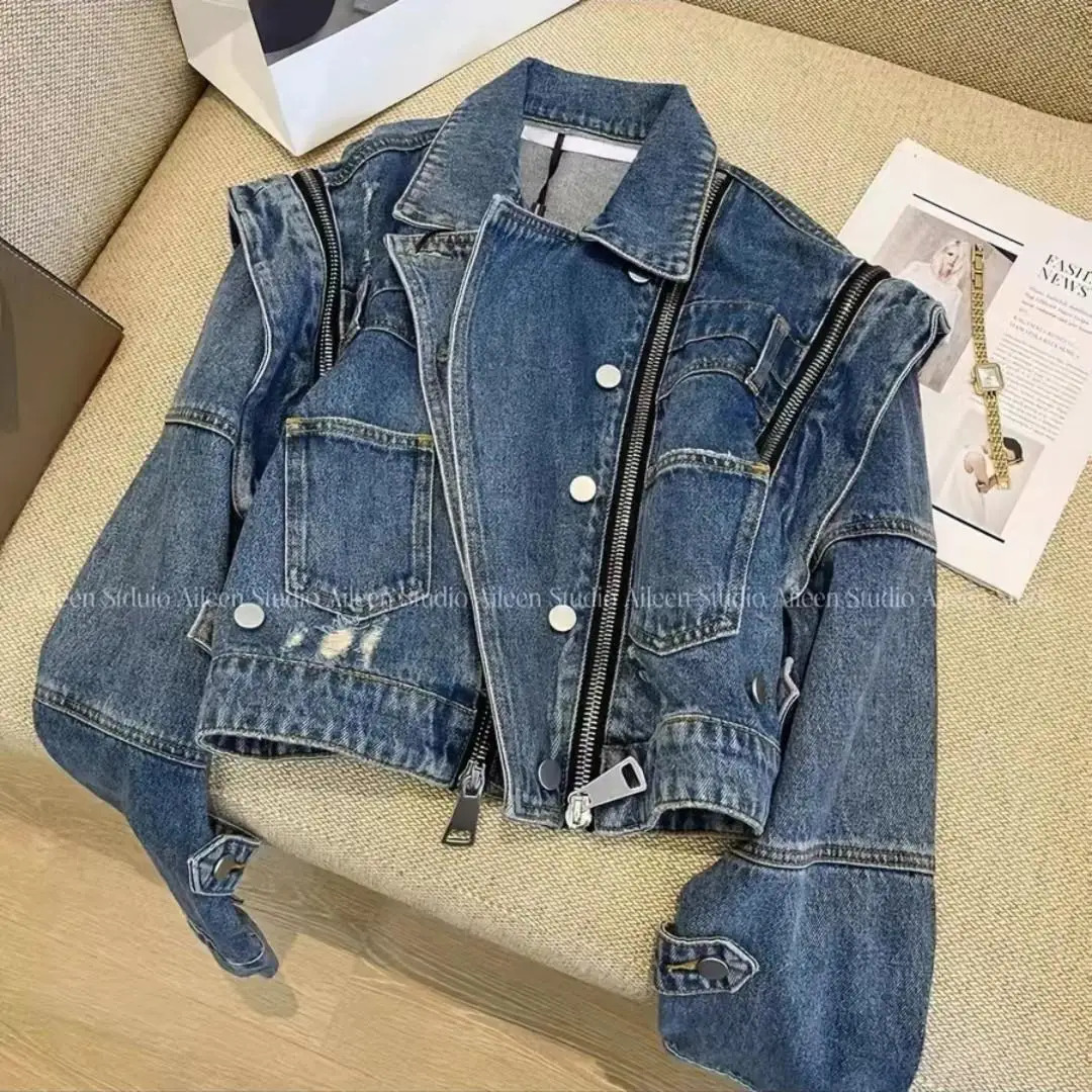 Denim Coat Women Clothing SpringAutumn High end Fashion Versatile Casual Loose Short Retro Zipper Jacket Top 240927