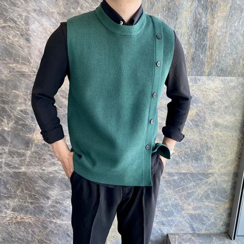 Knitted sweater mens sleeveless mens button slotted green vest 90s retro street er jacket X A 240930