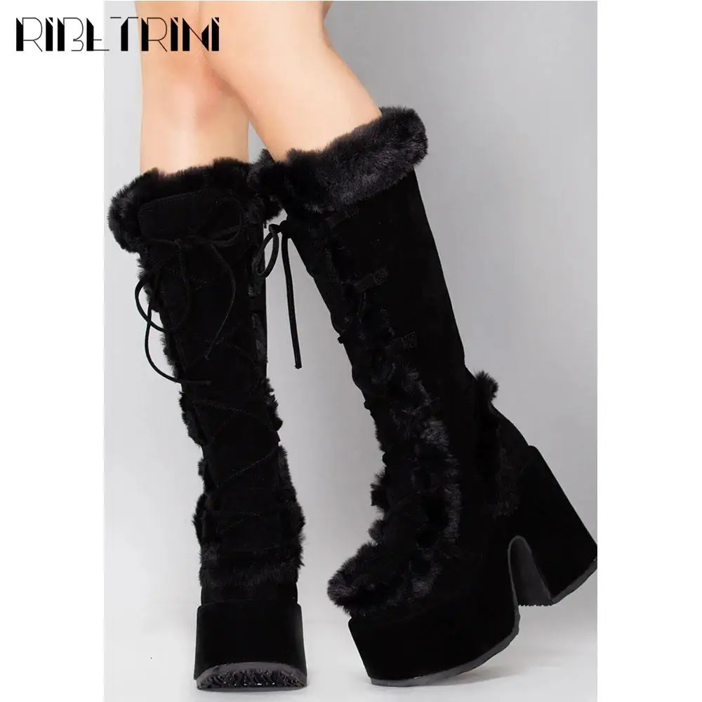 RIBETRINI Punk Gothic Womens Fur Halloween Role Playing Short and Fat Heels Platform Shoes Knee High Party Warm Boots 240927 4