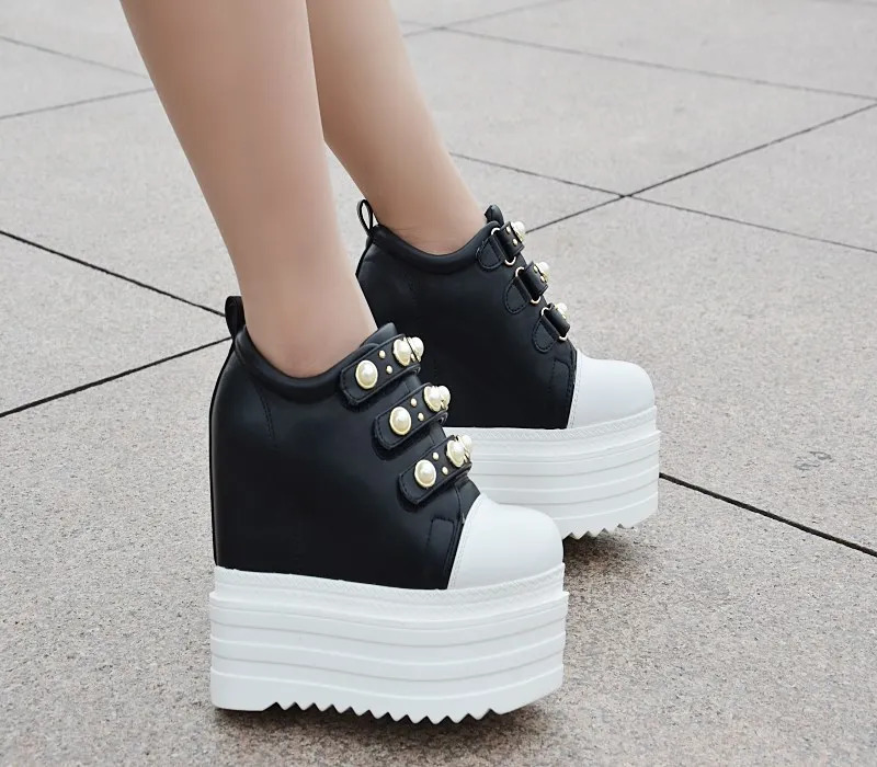 Women High Platform Autumn Breathable Leather Casual Height Increasing Shoes 13 CM Thick Sole Ladies Sneakers 240924