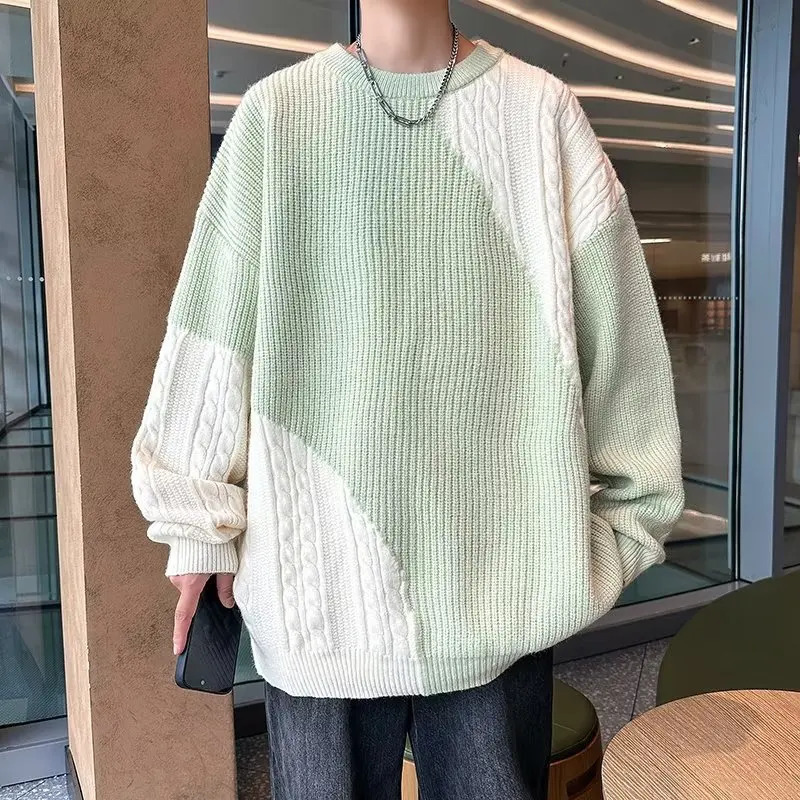 Mens spliced checkered plain weave long sleeved round neck sweater with jumper knit top 240930