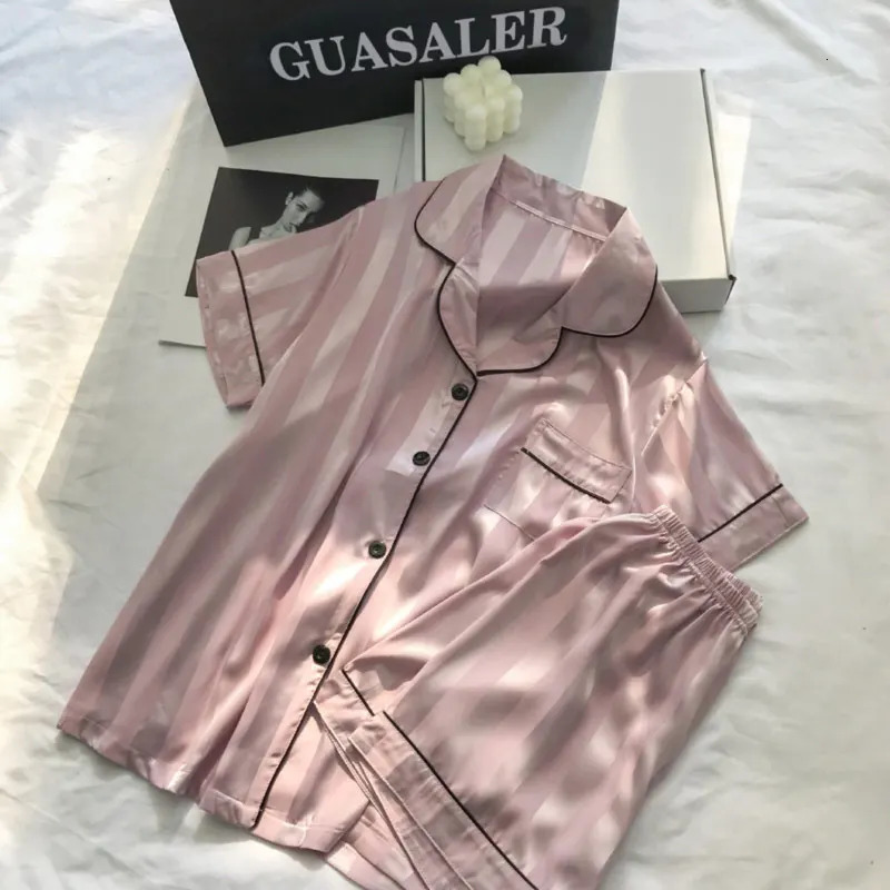 Womens Silk Satin Pajamas Set Short Sleeve Two-piece Pajama Sets Striped Sleepwear Female Loungewear Button-Down pyjama 240930