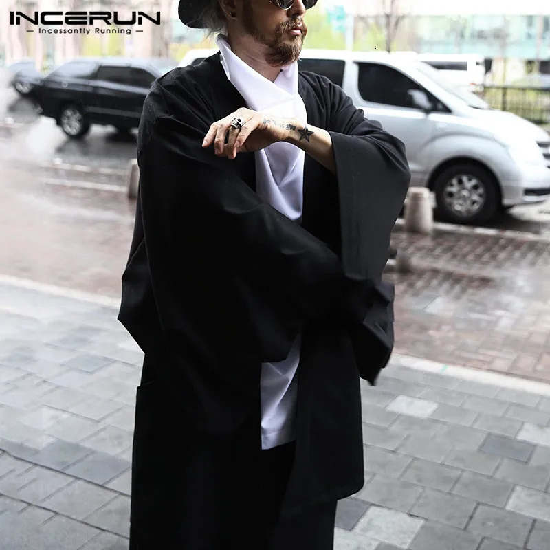 INCERUN Fashion Mens Trench Solid Jacket with Long Sleeves Casual Japanese Kimono Street Clothing Cotton Open Skirt 240930