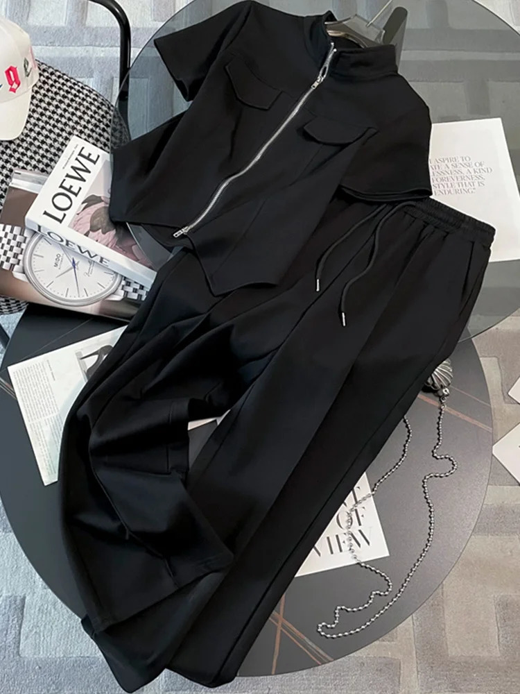 Fashion Pink Trousers Womens Two Piece Set Summer Short Sleeve Zipper TopElastic Waist Casual Pants Sport Black 240930