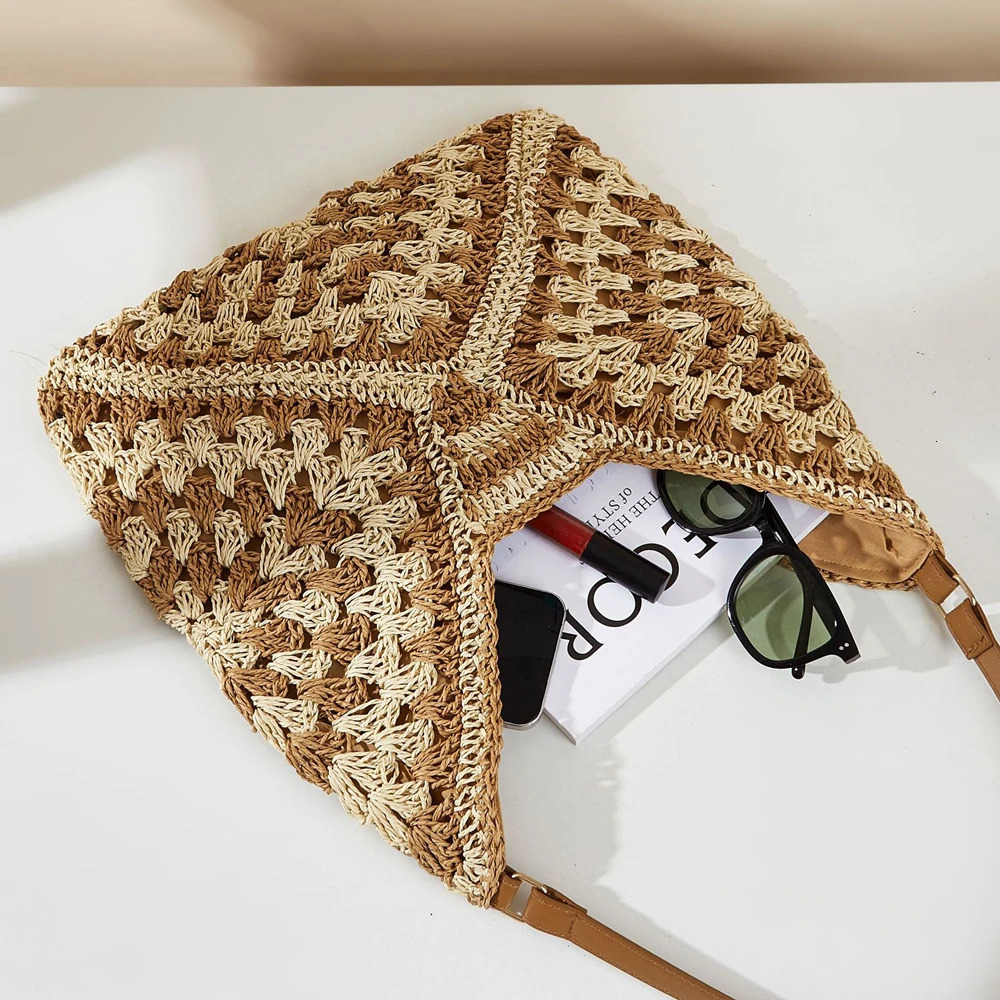 Womens handbag large capacity portable vacation shoulder bag casual handbag hollow woven summer beach bag 240930
