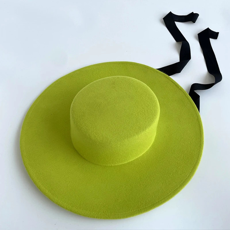 King Wheat Winter Big Brim Flat Roof Black Wool Womens Fedoras Stage Performance S Bandage Solid Simple Fashion Felt Cap 240921