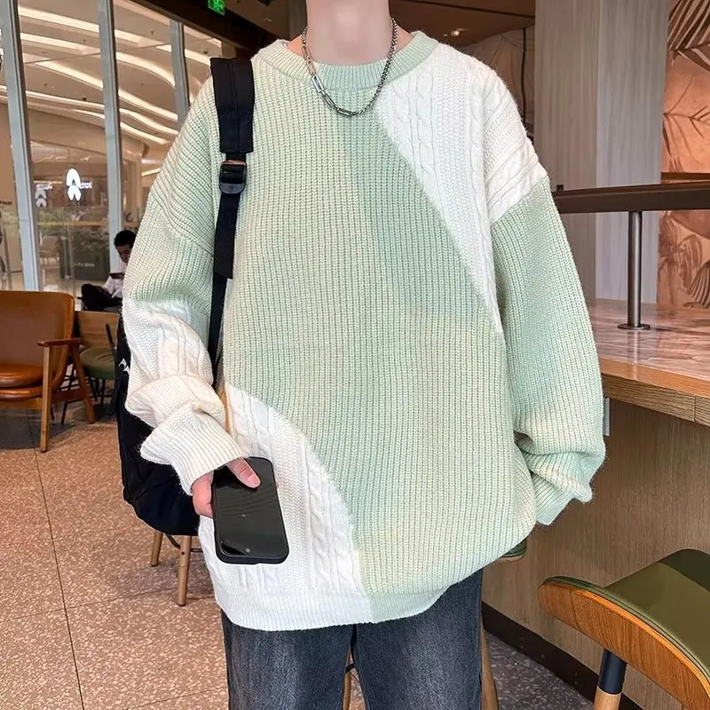 Mens spliced checkered plain weave long sleeved round neck sweater with jumper knit top 240930