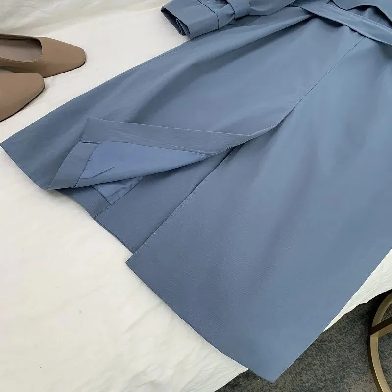 Elegant mid length womens blue trench coat with waistband collar single-layer windproof jacket spring and autumn Korean windproof 240929