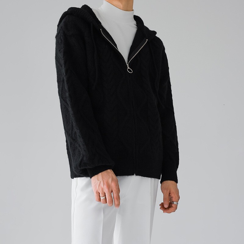 Men's Hooded Zippers Knitted Cardigan Sweater Casual Jacquard Solid Color Long Sleeve Streetwear Vintage Hoodie Knitwear