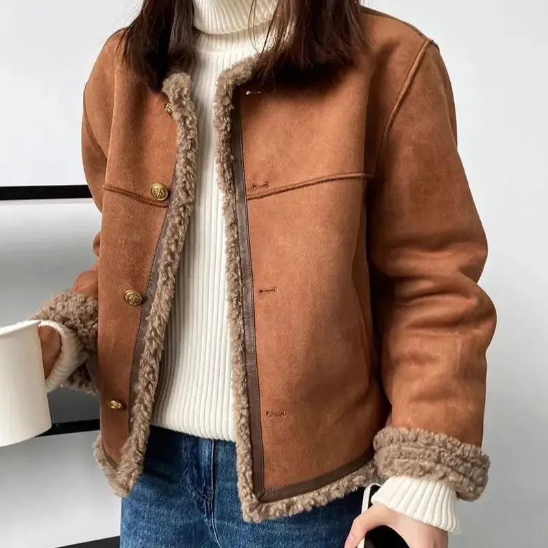 Short Jacket Suede Lamb Fur Women Vintage Autumn Winter Padded Thickened Long Sleeve Outwear Camel Fashion Patchwork Coat 240924