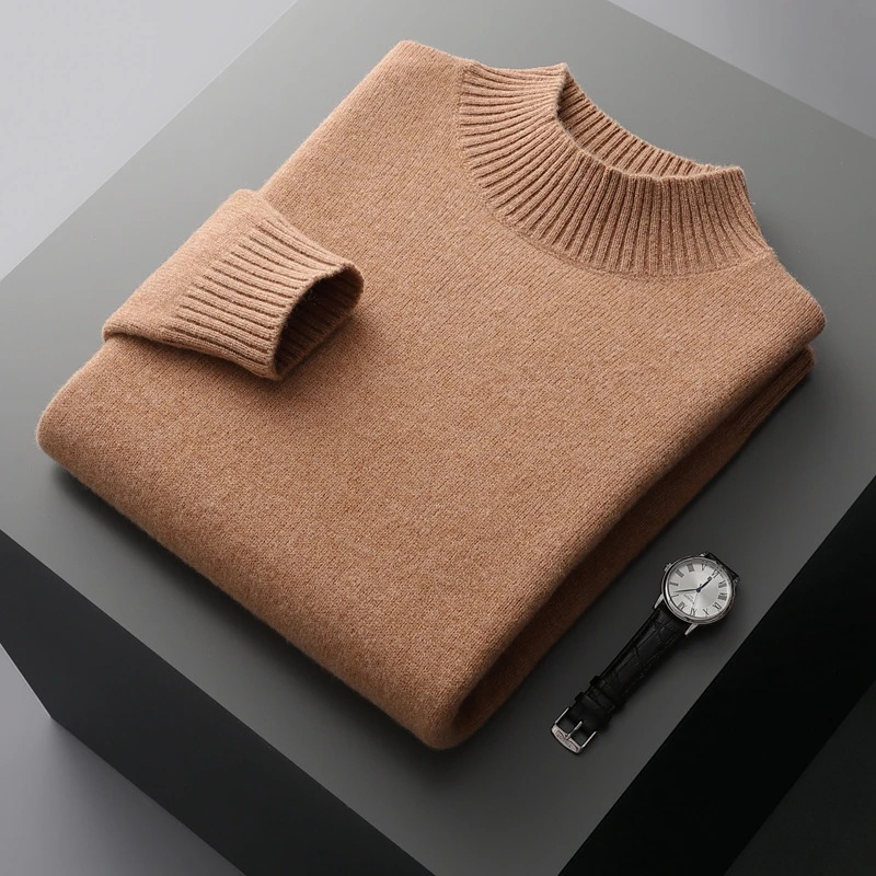 Winter double thick mens cashmere sweater semi high neck high-end warm wool knitted bottom sweater 240927