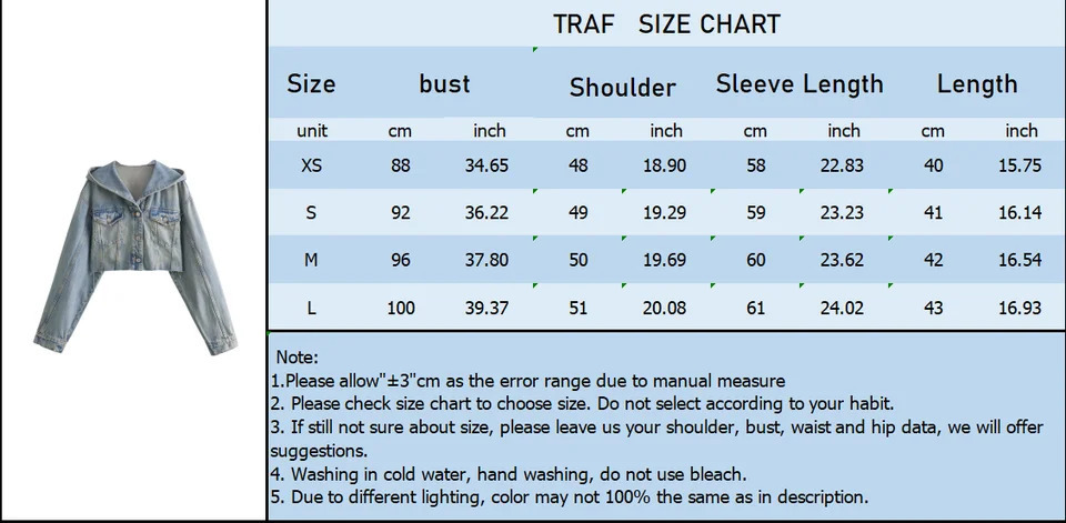 TRAF2024 spring and summer European American style short hooded longsleeved denim jacket casual fashion 240927