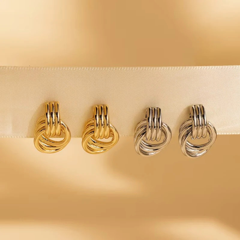 Vintage Three Layers Mini Knot Stud Earrings for Women Gold Plated Twisted Small Circle Stainless Steel Earring Punk Jewelry 240926