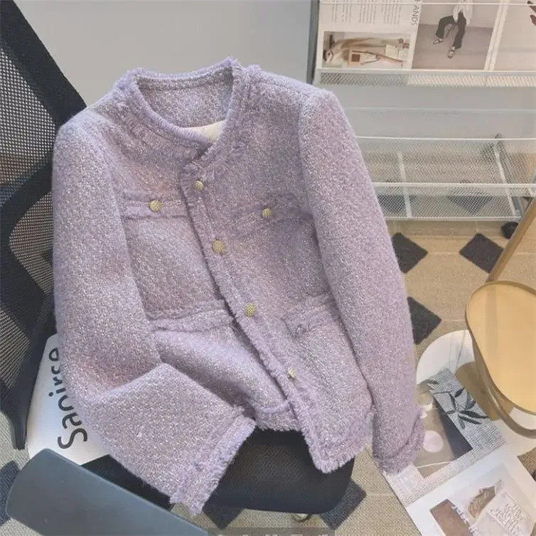 and beautiful blue Xiaoxiangfeng jacket spring summer Korean drama wear coarse tweed warm celebrity top 240924