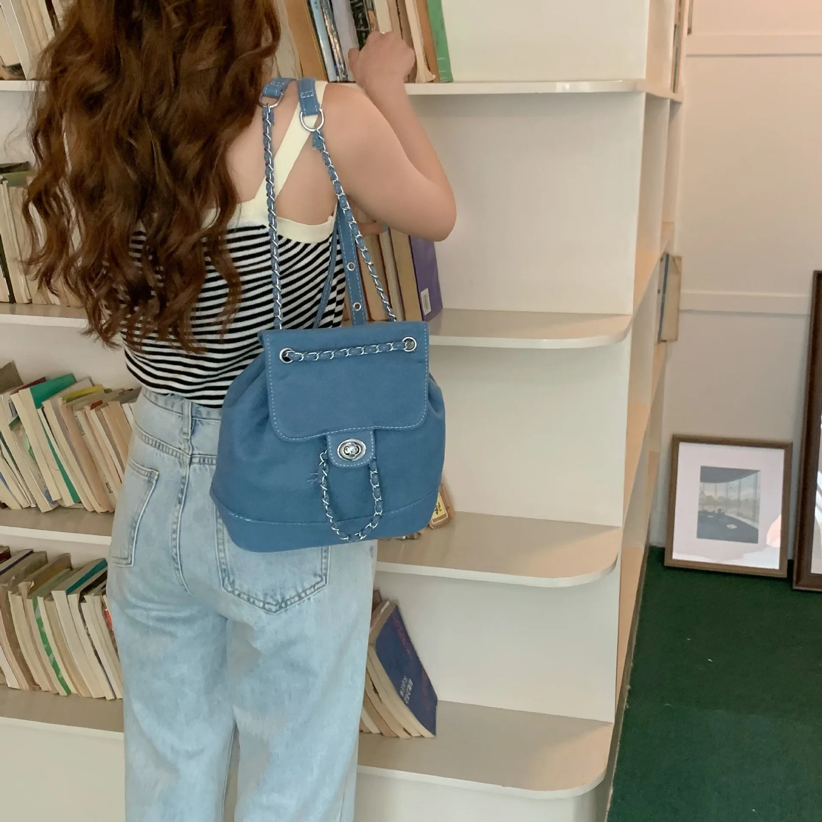 Womens Korean denim casual chain travel backpack 240927 200c