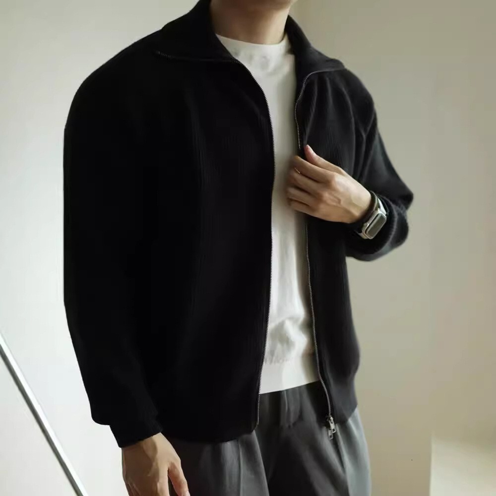 Autumn Clothing Men's Knitted Stand Collar Cardigan Casual Streetwear Solid Color Long Sleeve Knitwear Retro Jacket M-2Xl