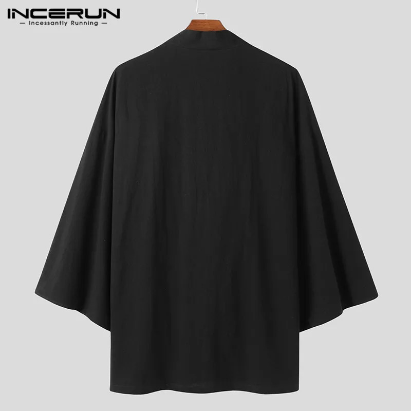 INCERUN Fashion Mens Trench Solid Jacket with Long Sleeves Casual Japanese Kimono Street Clothing Cotton Open Skirt 240930