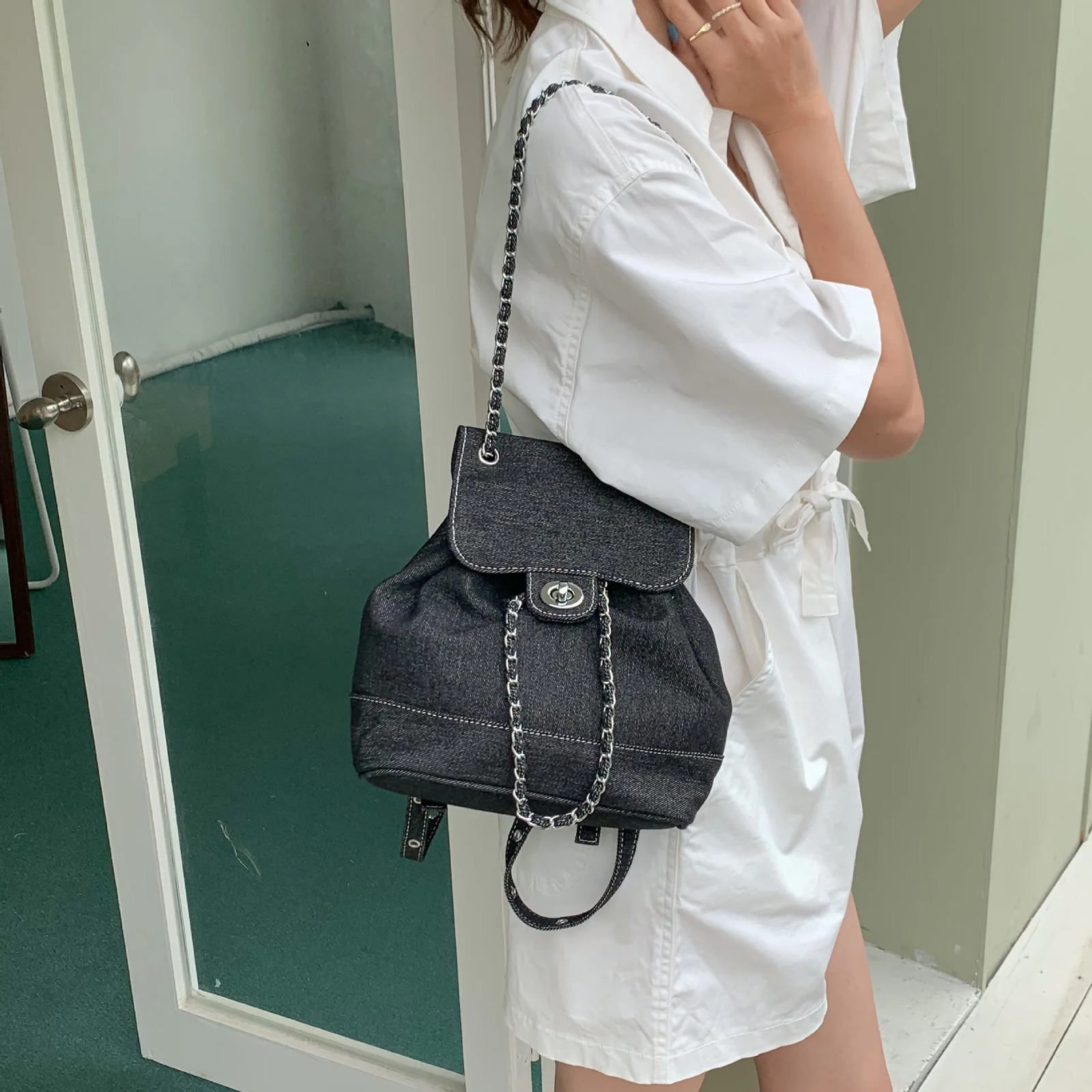 Womens Korean denim casual chain travel backpack 240927 200c