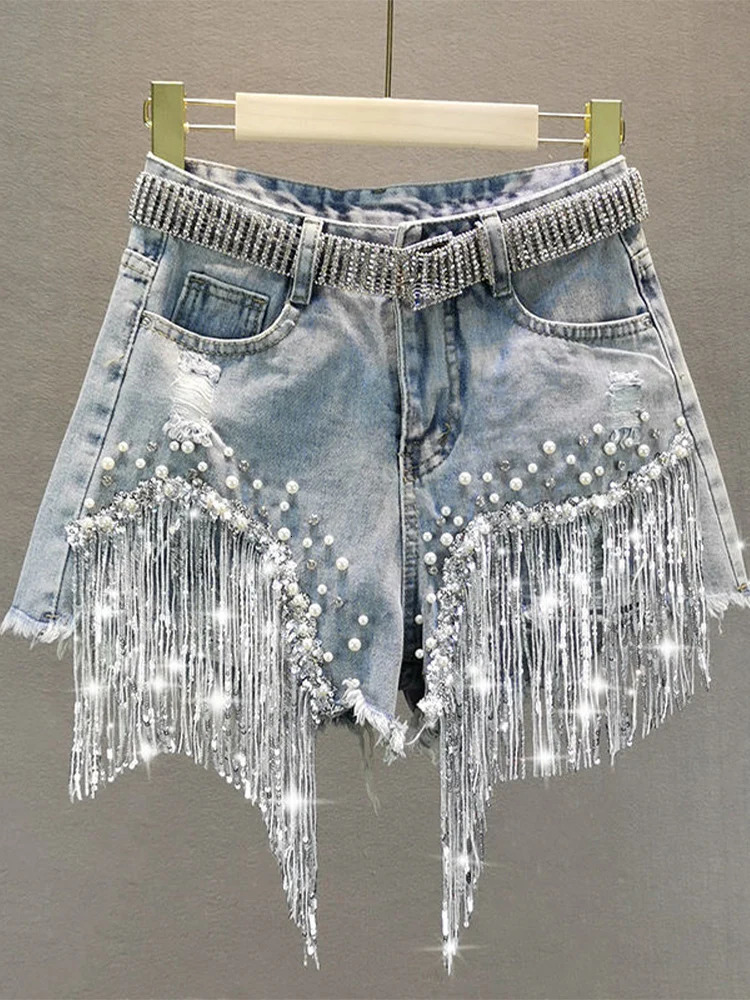 Summer elegant shorts womens tassel bead high waist wide leg denim shorts womens casual solid shorts 240930