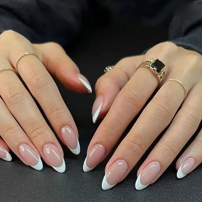 24Pcs French False Nails Almond with Glue Press on White Edge n Wearable Simple Ins Pink Stiletto Nail Tips 240929