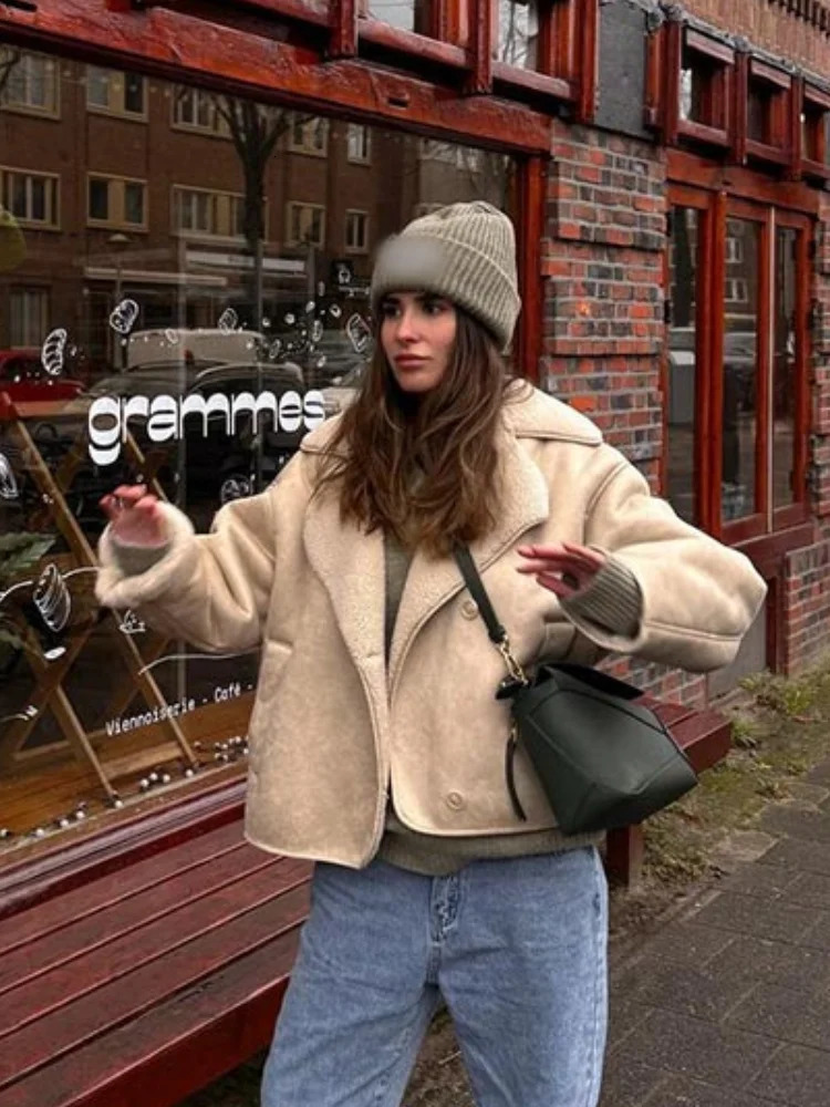 Women Fashion Lapel Faux Fur Leather Jacket Chic Singlebreasted Long Sleeves With Pocket Warm Coat 2024 Lady High Streetwear 240924