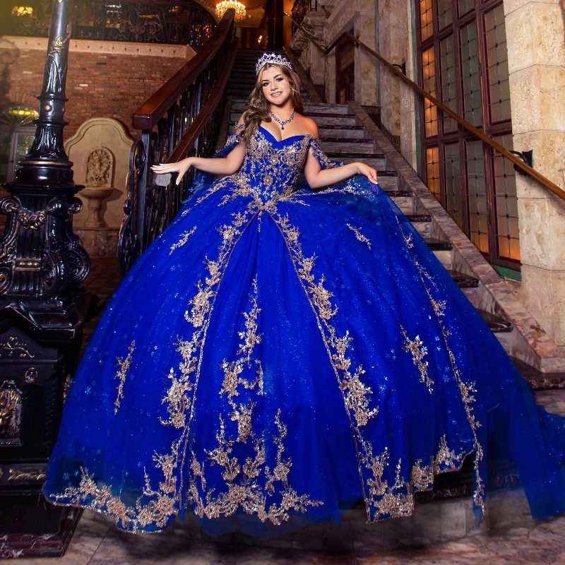 Royal Blue Shiny Quinceanera Dresses Beaded Sequined Lace Appliques Tull With Cape Sweet 16 Dress Ball Gown Vestidos de 15 anos