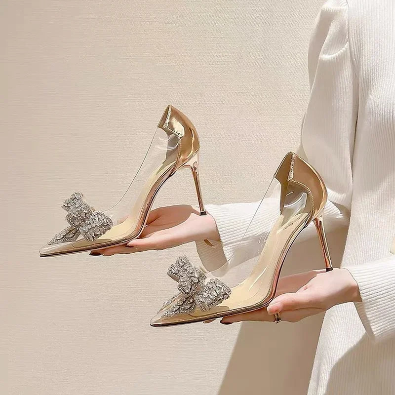 Sexy Transparent Wpmens Water Diamond Bow Pointed Toe Pump Wedding High Heels Spring/Summer Shoes 240925