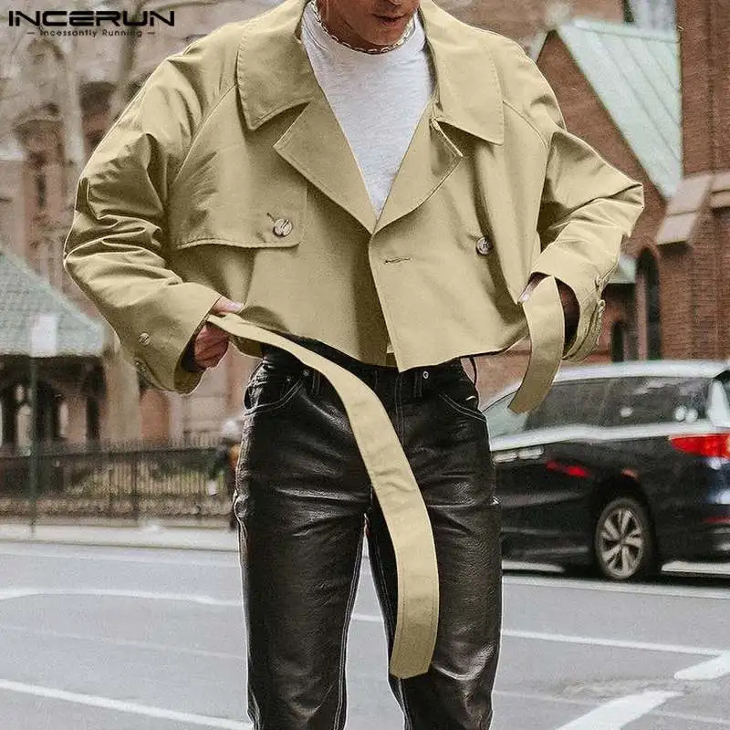 INCERUN Tops 2023 American Style Handsome Men Solid Cropped Tie Up n Jacket Casual Male Lapel Trench Coats S5XL 240921