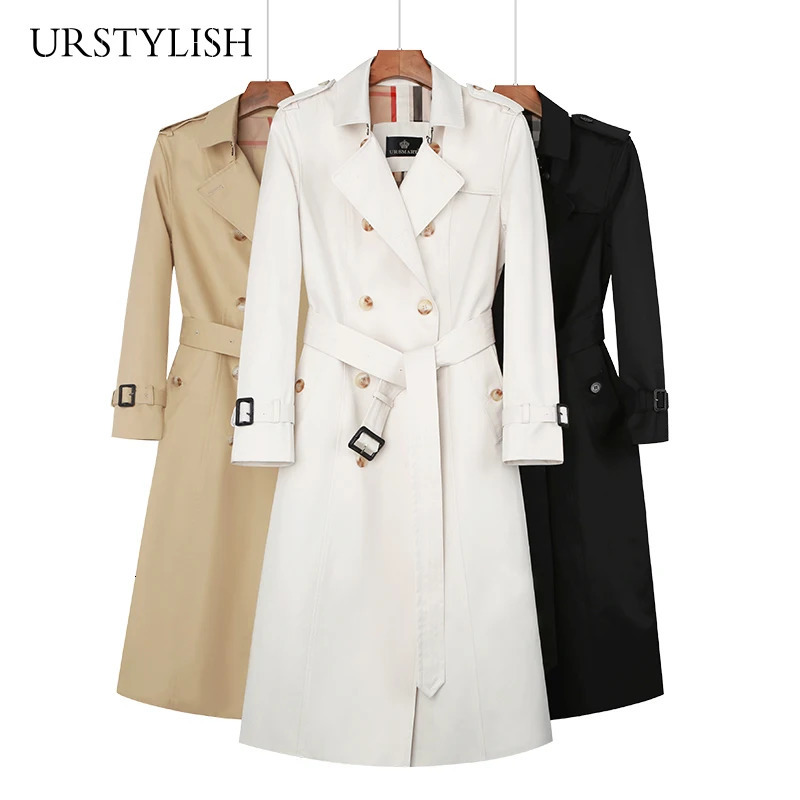 Womens windbreaker long double-layer windbreaker British fashion pure cotton lining rainproof and windproof for women 240929