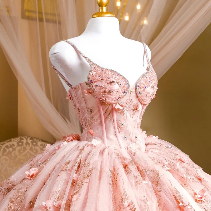 Pink Shiny Princess Quinceanera Dresses Ball Gown Off The Shoulder 3D Floera Sequin Applique Lace Beads Tull Corset Sweet 16 Vestidos 15 De XV Anos