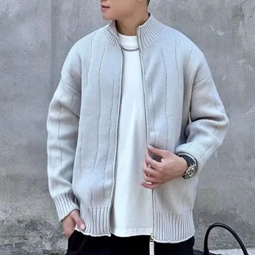 Mens cardigan sweater spring summer Korean style full zipper vertical collar casual knitted sweater mens trend top 240930