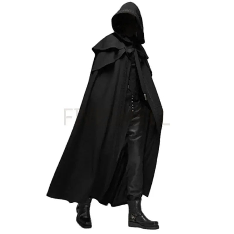 Medieval retro hooded loose black cape jacket windproof trench chic winter long horned raincoat Gothic male monk Halloween roleplaying 240930