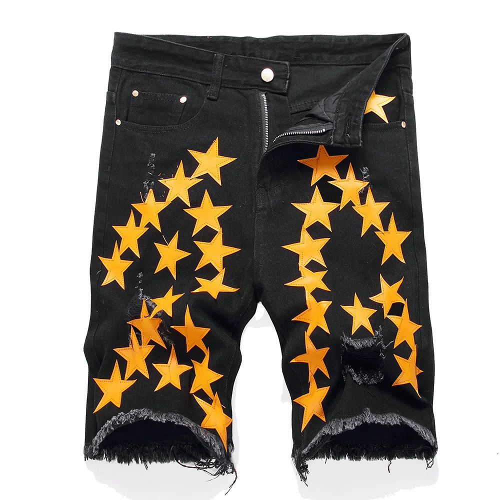 Mens leather star patch denim shorts summer loose black jeans hole torn breeze 240925