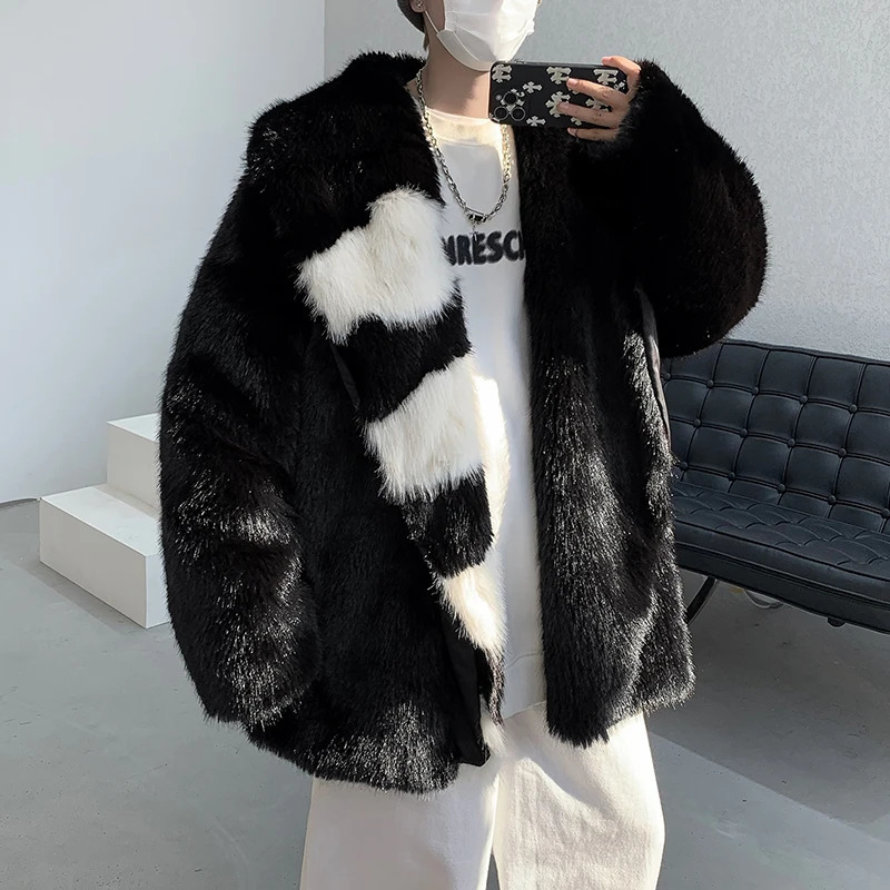 Autumn and Winter Extra Thick Warm Parka Artificial Fur Long Sleeve Korean Fashion Mens Comparison Artificial Fur Coat F66 240930