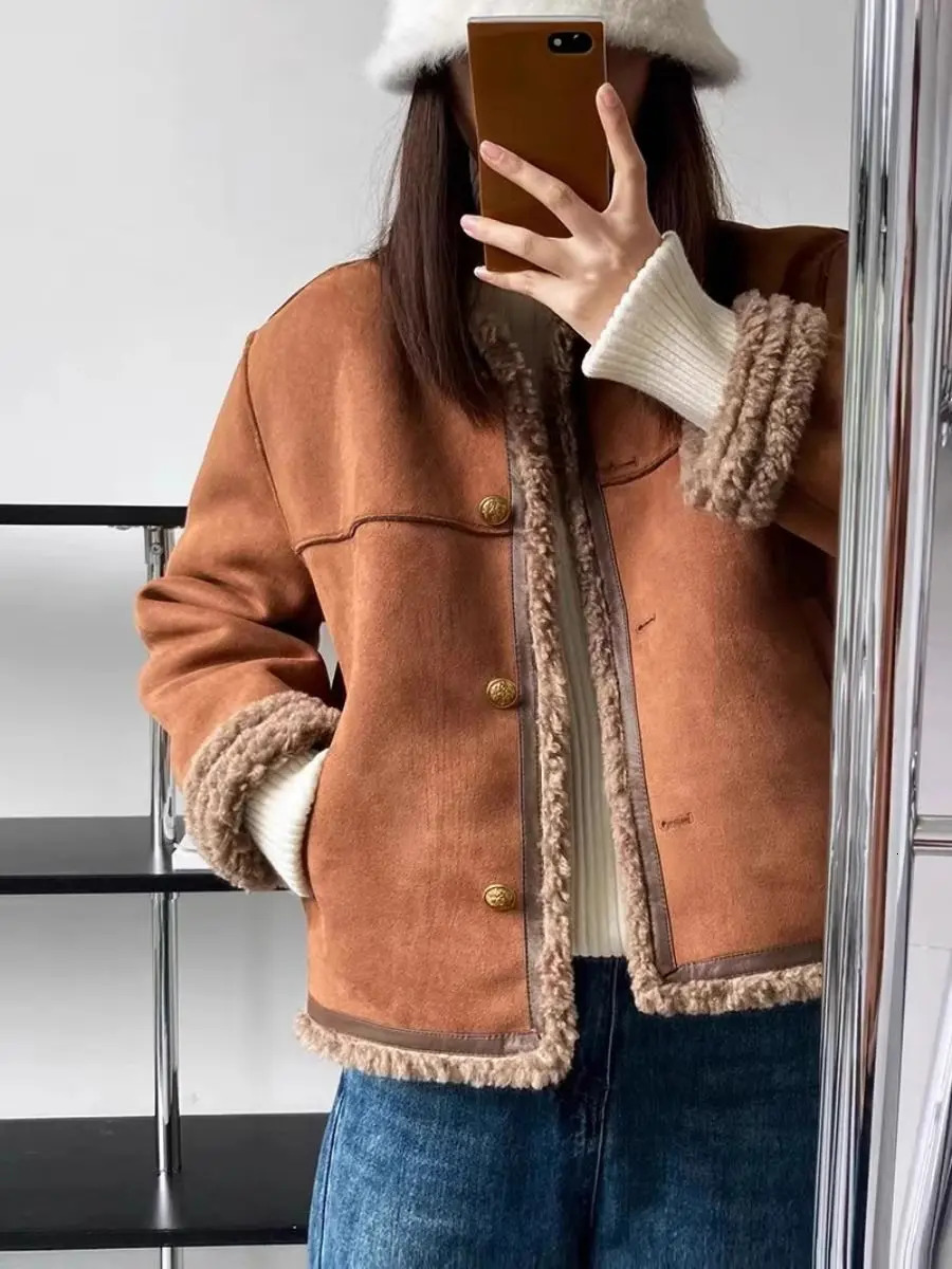 Short Jacket Suede Lamb Fur Women Vintage Autumn Winter Padded Thickened Long Sleeve Outwear Camel Fashion Patchwork Coat 240924