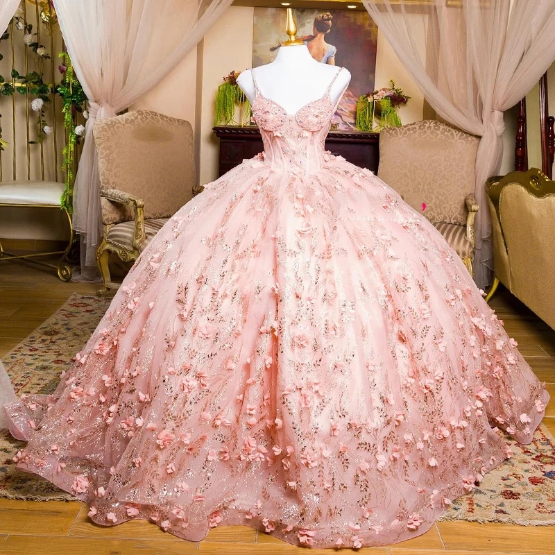 Pink Shiny Princess Quinceanera Dresses Ball Gown Off The Shoulder 3D Floera Sequin Applique Lace Beads Tull Corset Sweet 16 Vestidos 15 De XV Anos