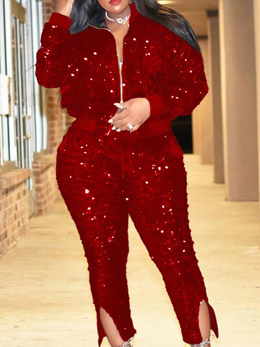 LW Plus Size Two Piece Velvet sequin Zipper Top and Pants Set Fashion Party Evening Dress Womens Set 240930