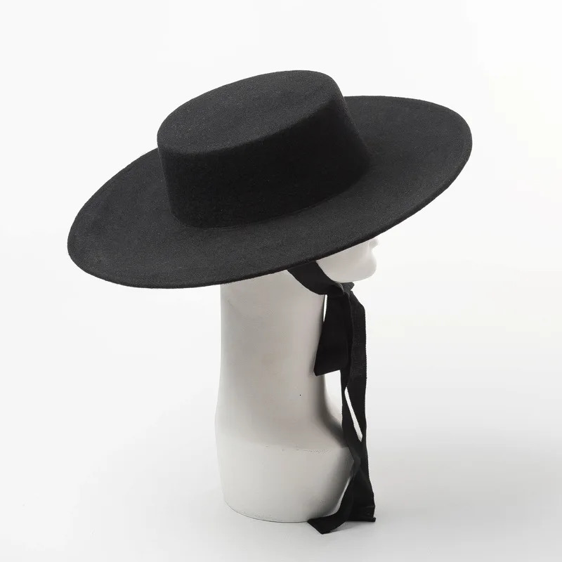 King Wheat Winter Big Brim Flat Roof Black Wool Womens Fedoras Stage Performance S Bandage Solid Simple Fashion Felt Cap 240921
